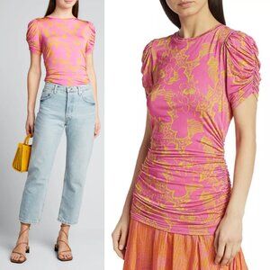 TANYA TAYLOR Chaia Ruched Top Ikat Floral Pink Yellow Form Fit Stretch Size XS